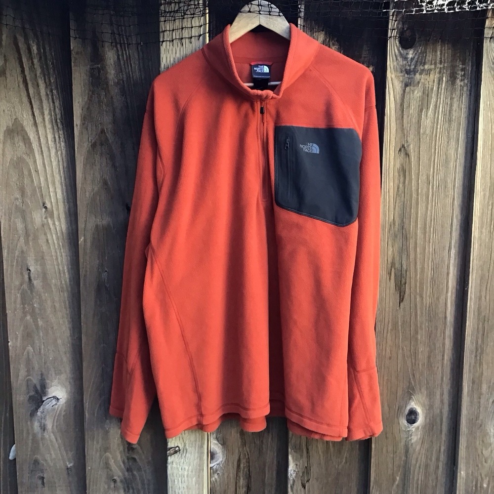The North Face Men's XXL Orange Black Fleece 1/4 Zip Pullover Logo Flaw
